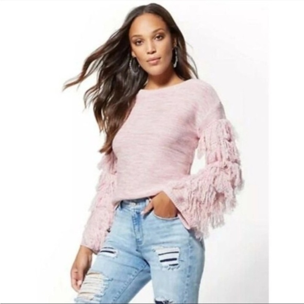 New York & CO Pink Heathered Wide Cuff Fringed  Long Sleeve Pullover Sweater S